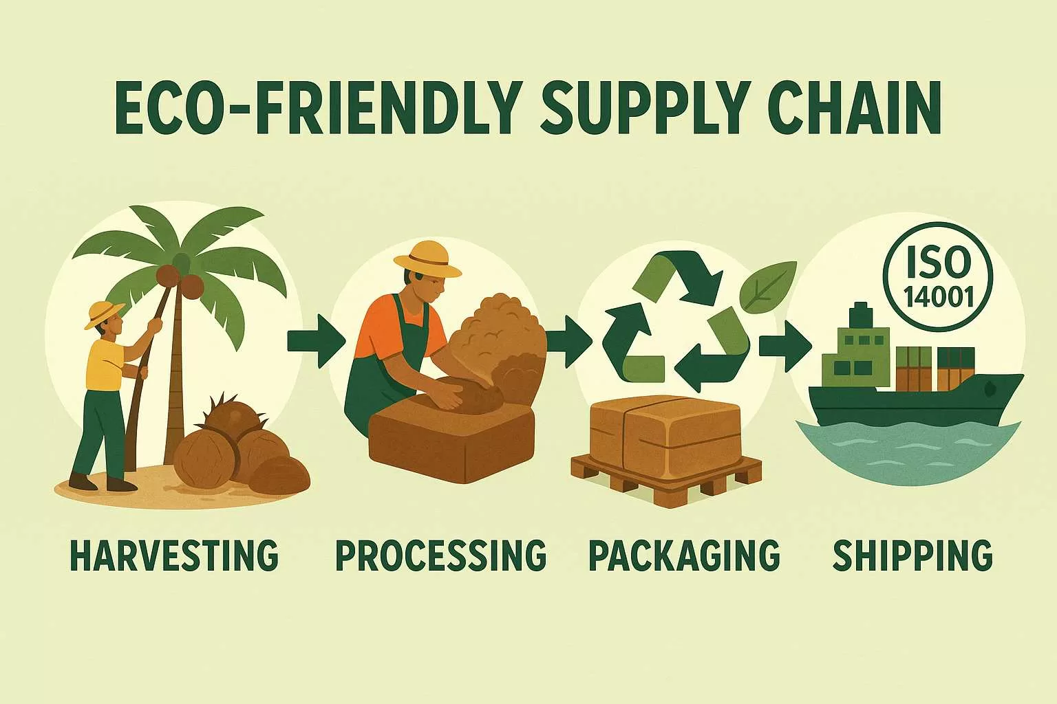 “Infographic illustrating the eco-friendly coconut husk supply chain in four stages: a worker harvesting coconuts under a palm tree, processing those husks into compressed blocks under the sun, packaging blocks with a recycling symbol overhead, and a cargo ship loaded for shipping