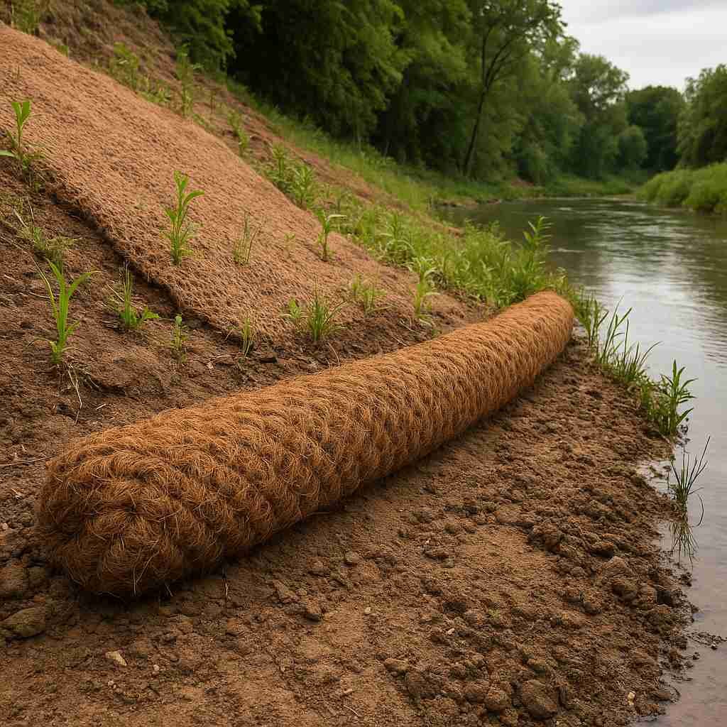 Coconut coir mats placed on a slope to prevent soil erosion and support vegetation growth using sustainable, biodegradable coconut coir products