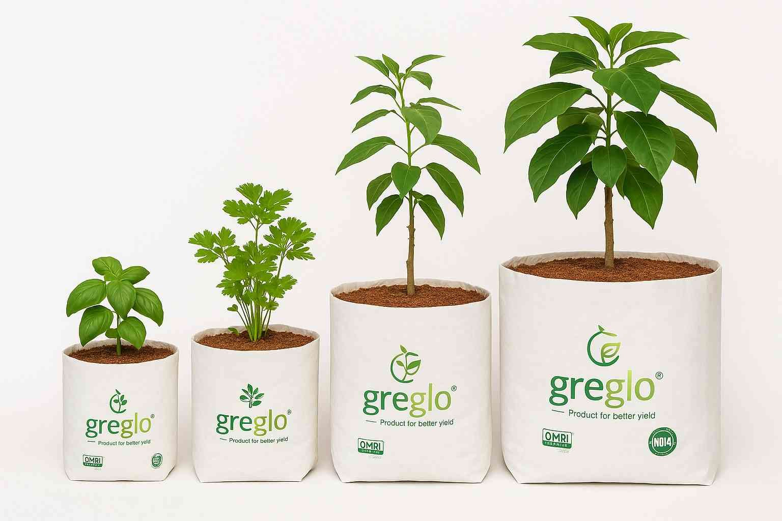 Four Greglo-branded grow bags of different sizes placed side by side, each containing a healthy plant like basil, parsley, and young trees, showcasing size variations suitable for herbs, vegetables, and larger plants.