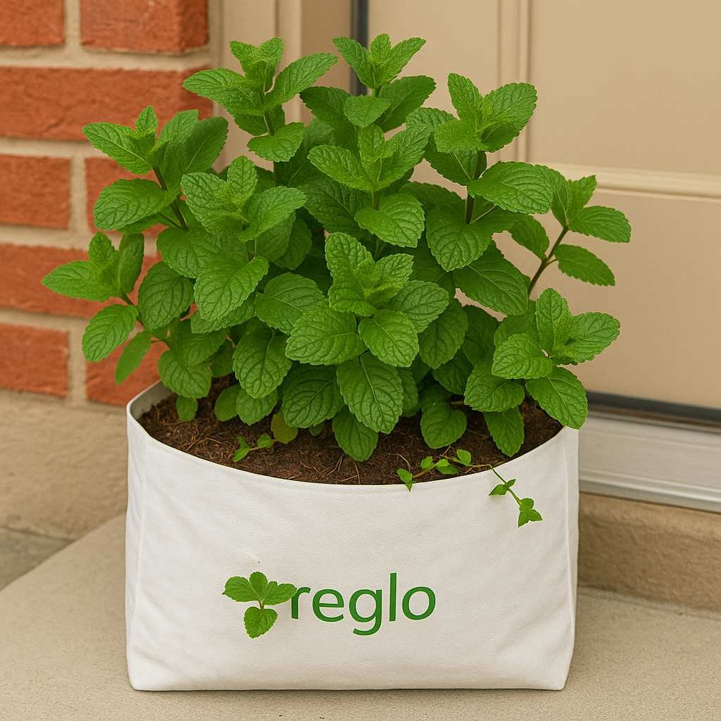 Lush green mint plant growing in a white Greglo® grow bag placed on a doorstep, with small runners visible on the soil surface.