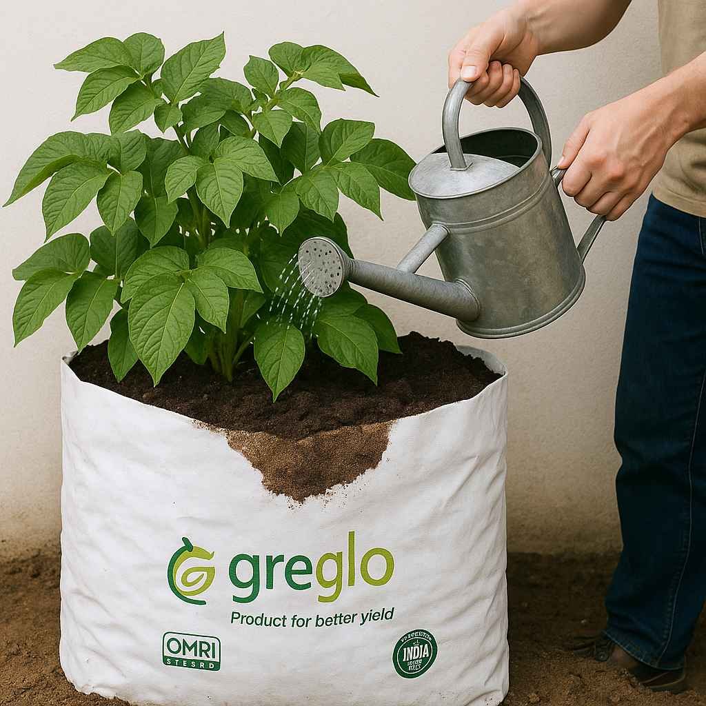 Potato plant in a white Greglo® grow bag being watered by a gardener.