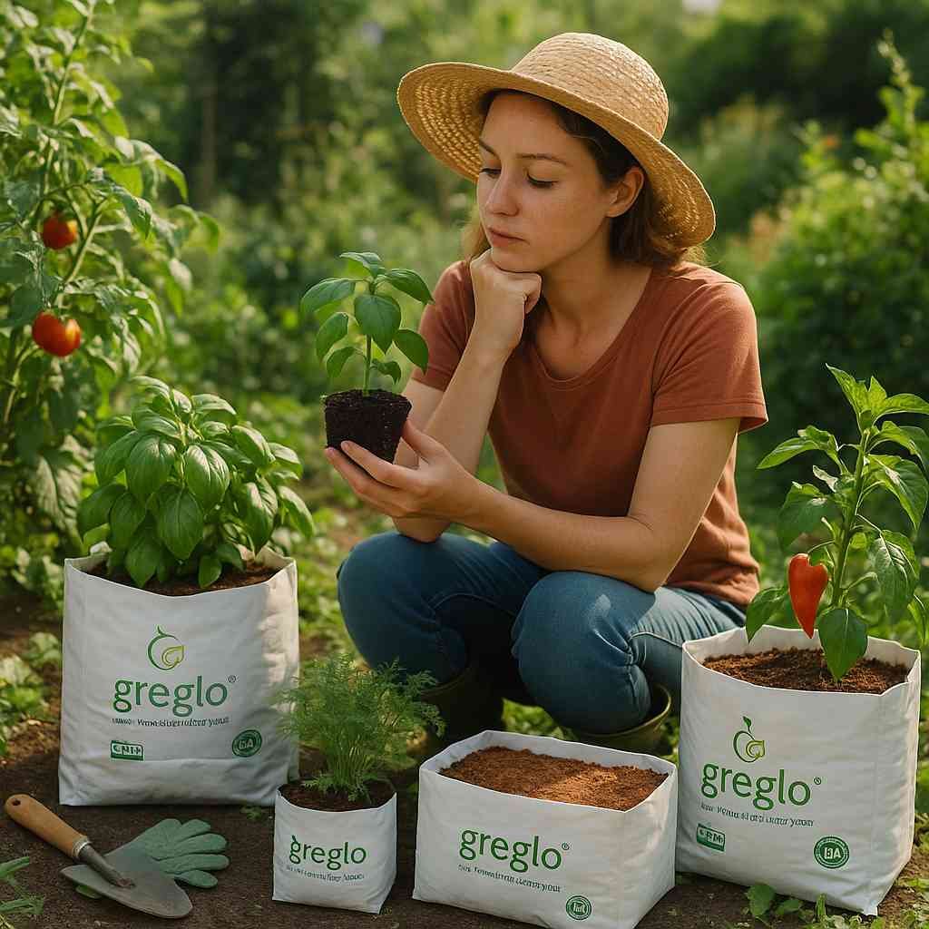 Woman sitting in a garden surrounded by Greglo grow bags, thoughtfully holding a young plant while deciding the right grow bag size for plants and vegetables.