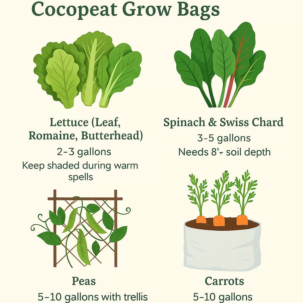 An illustrated infographic showing lettuce, spinach, peas, and carrots growing in labeled cocopeat grow bags with size recommendations, planting tips, and harvest timelines — designed to guide spring vegetable planting in container gardening setups.