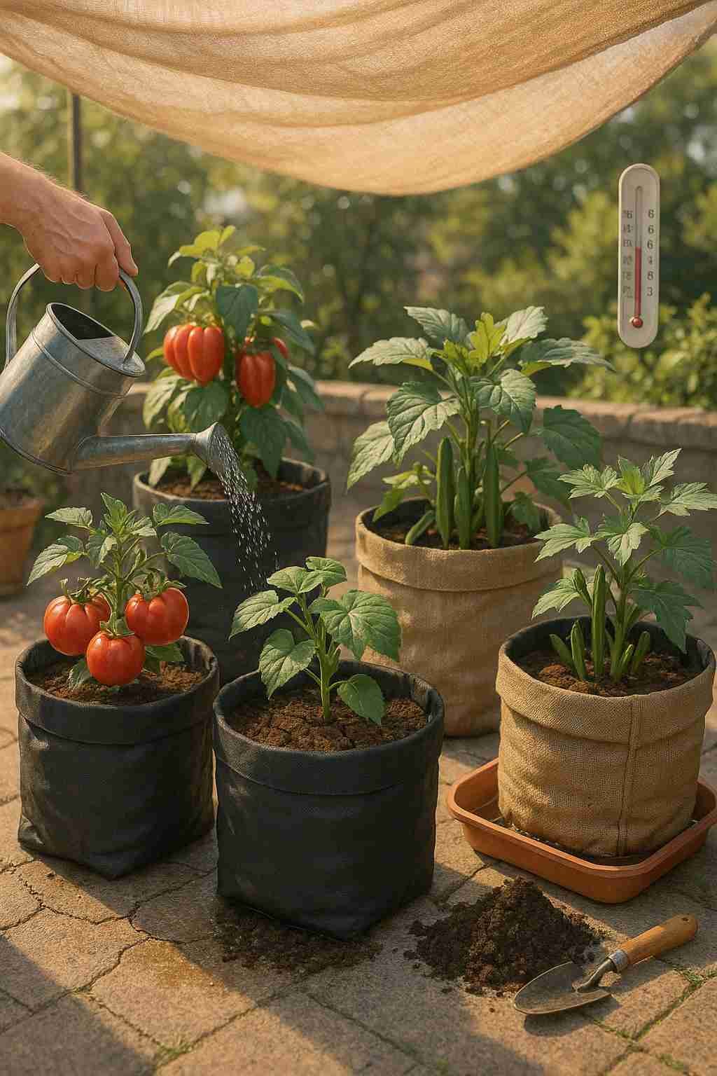 scene showing summer care techniques for grow bags, including drip irrigation, shaded containers, water trays, and vibrant plants like tomatoes and cucumbers thriving under partial sunlight