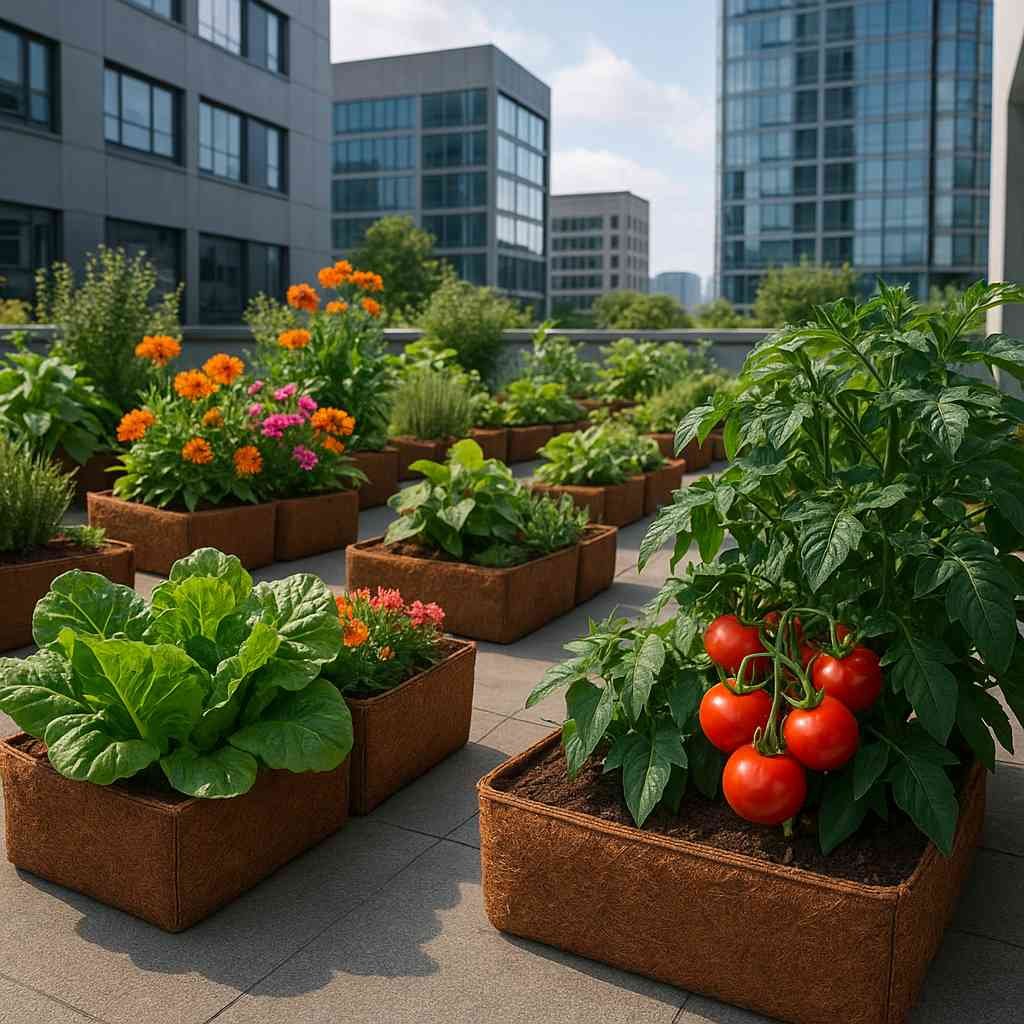Urban rooftop garden showcasing coconut coir products like grow bags filled with vegetables and flowers, promoting sustainable home gardening