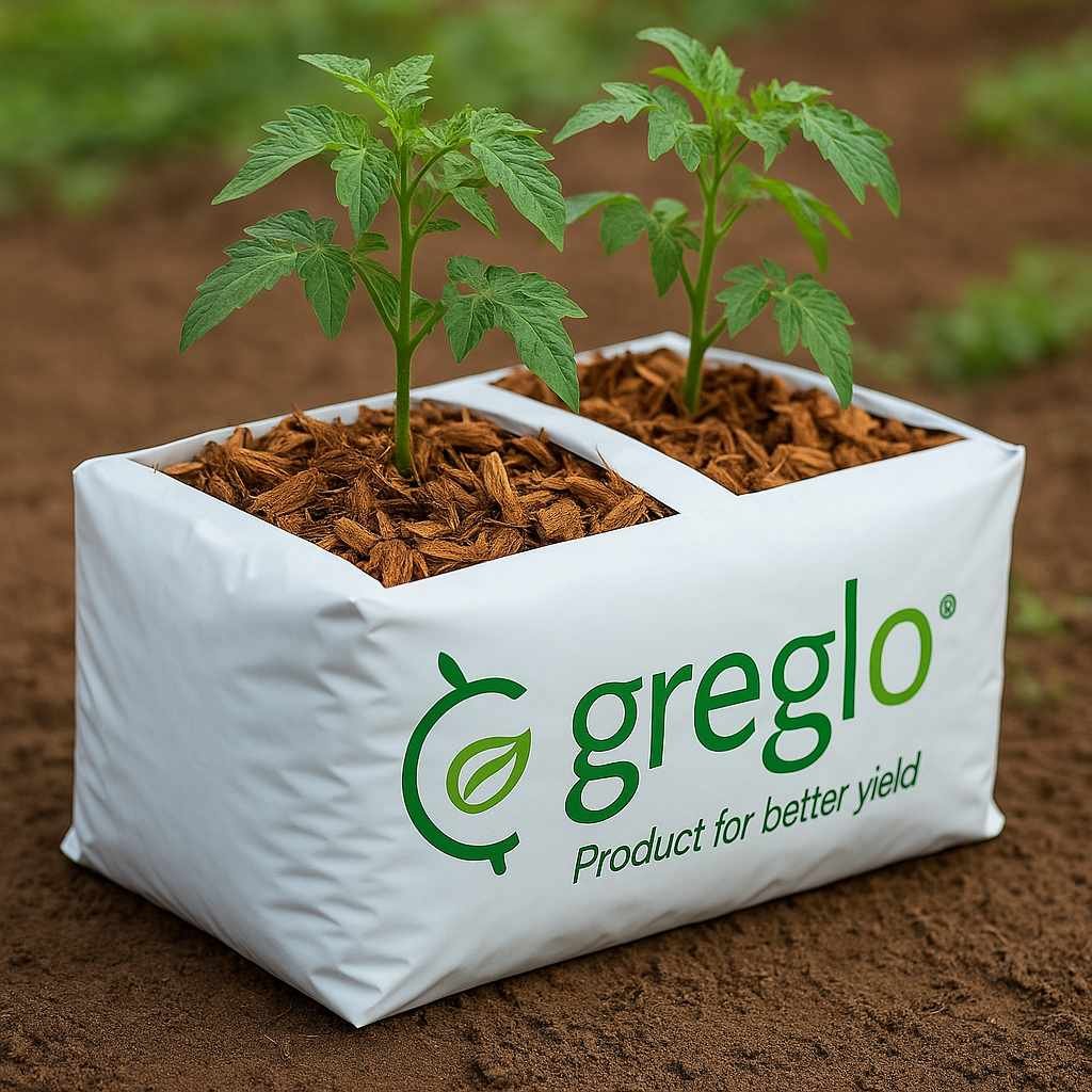 Greglo-branded grow bag filled with coconut husk chips, placed in a greenhouse setting with visible green plants growing above