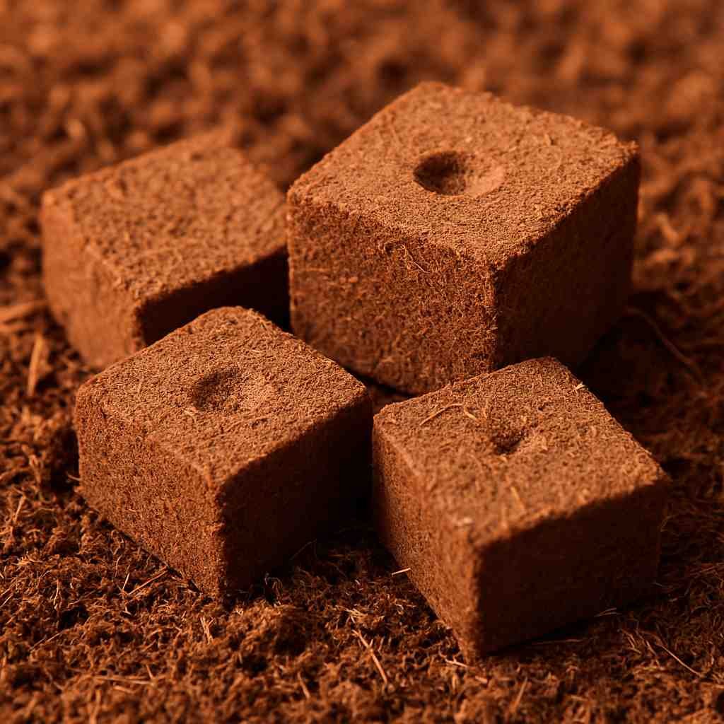 Compressed coco coir cubes used for seed starting and hydroponic plant propagation in sustainable agriculture