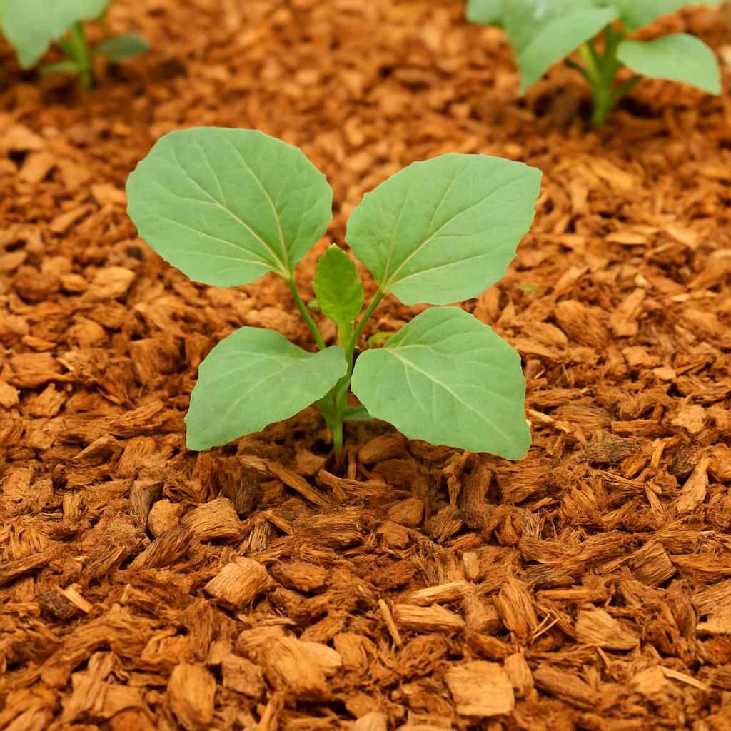 young green plant growing in soil covered with coconut husk mulch. The coarse brown coco mulch surrounds the plant base, indicating its use in horticulture for moisture retention and weed suppression