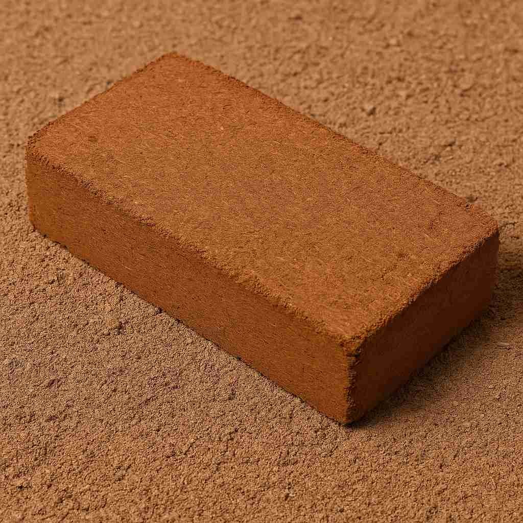 Compressed cocopeat brick made from coconut husk fiber, ideal for soil-less farming, hydroponics, and horticulture