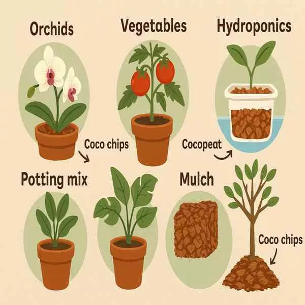 Illustration comparing uses of cocopeat and coco chips for different plants and systems like orchids, hydroponics, vegetables, container gardening, and mulching