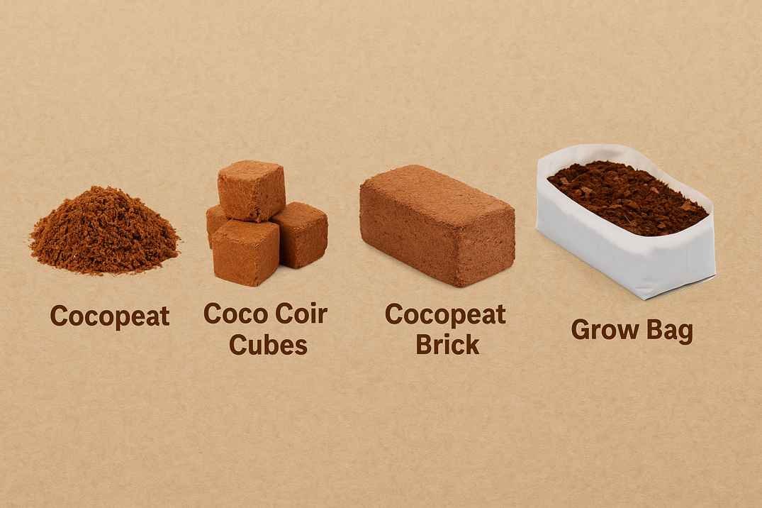 Comparison image of coconut husk-based products including loose cocopeat, compressed coco coir cubes, a cocopeat brick, and a filled grow bag, all arranged on a brown background
