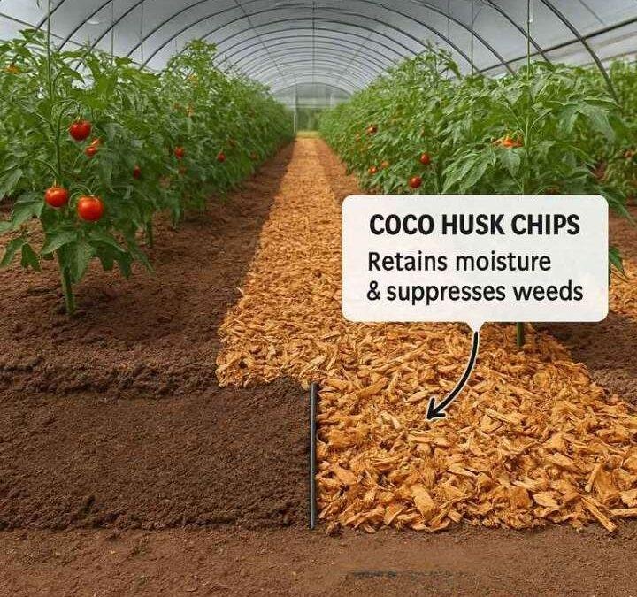 Greenhouse tomato plants with coco husk chips used as mulch along the rows, demonstrating improved moisture retention