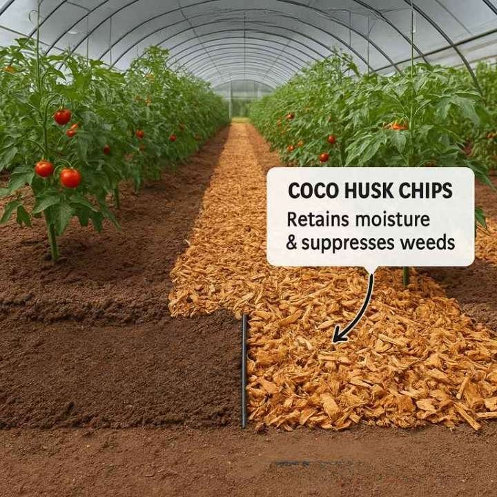 Greenhouse tomato plants with coco husk chips used as mulch along the rows, demonstrating improved moisture retention