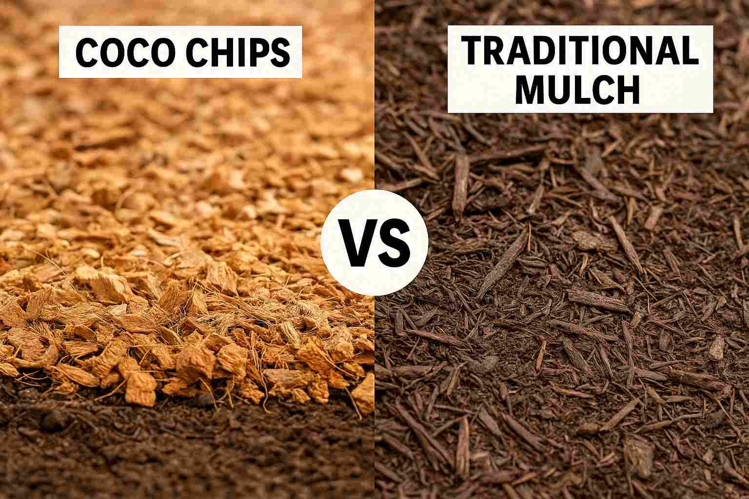 Side-by-side comparison of two mulched garden beds—one using coconut husk chips (coco chips) and the other with traditional wood bark mulch—highlighting differences in texture, coverage, and color.



