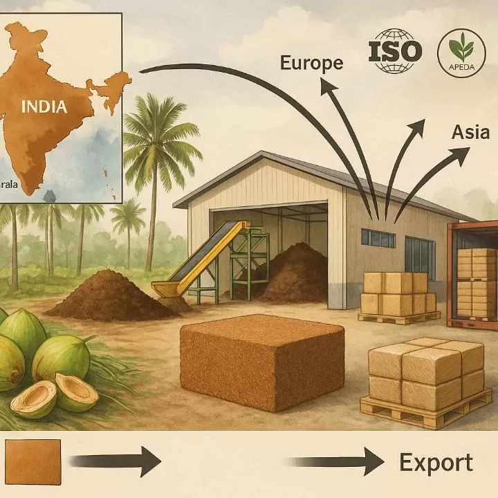 Illustration of India's cocopeat production hub in Tamil Nadu with coconut husks, coir processing, and export logistics, highlighting global supply for animal bedding