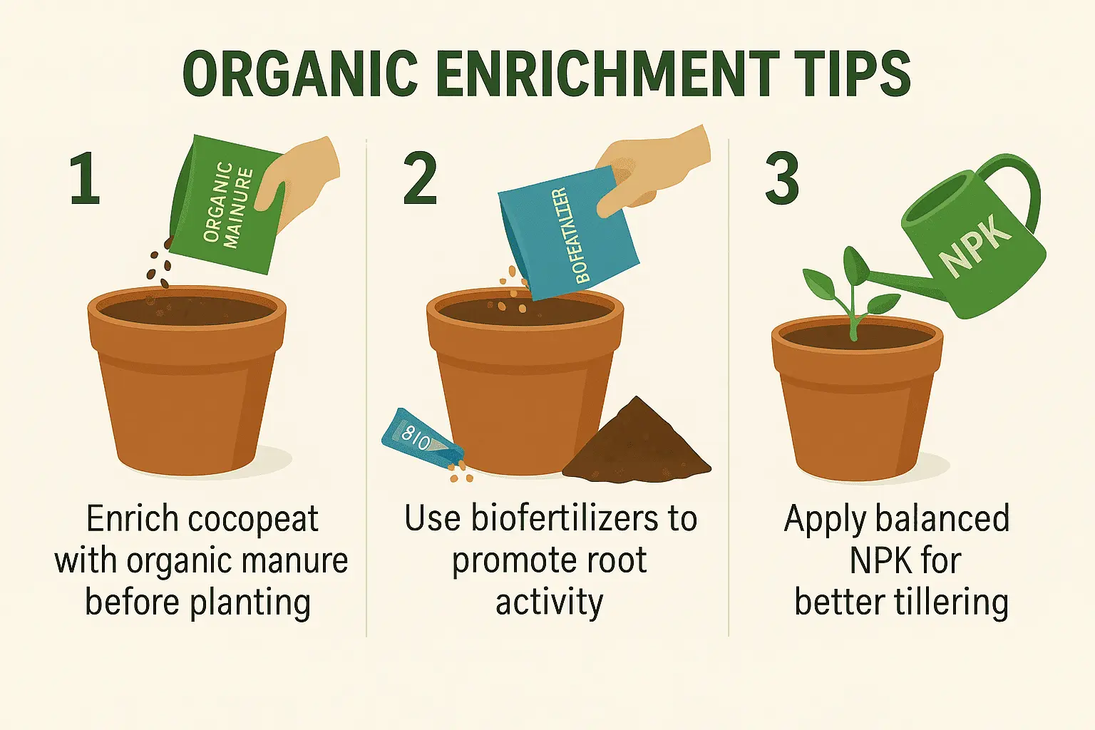 Infographic showing organic enrichment tips for millet farming in cocopeat
