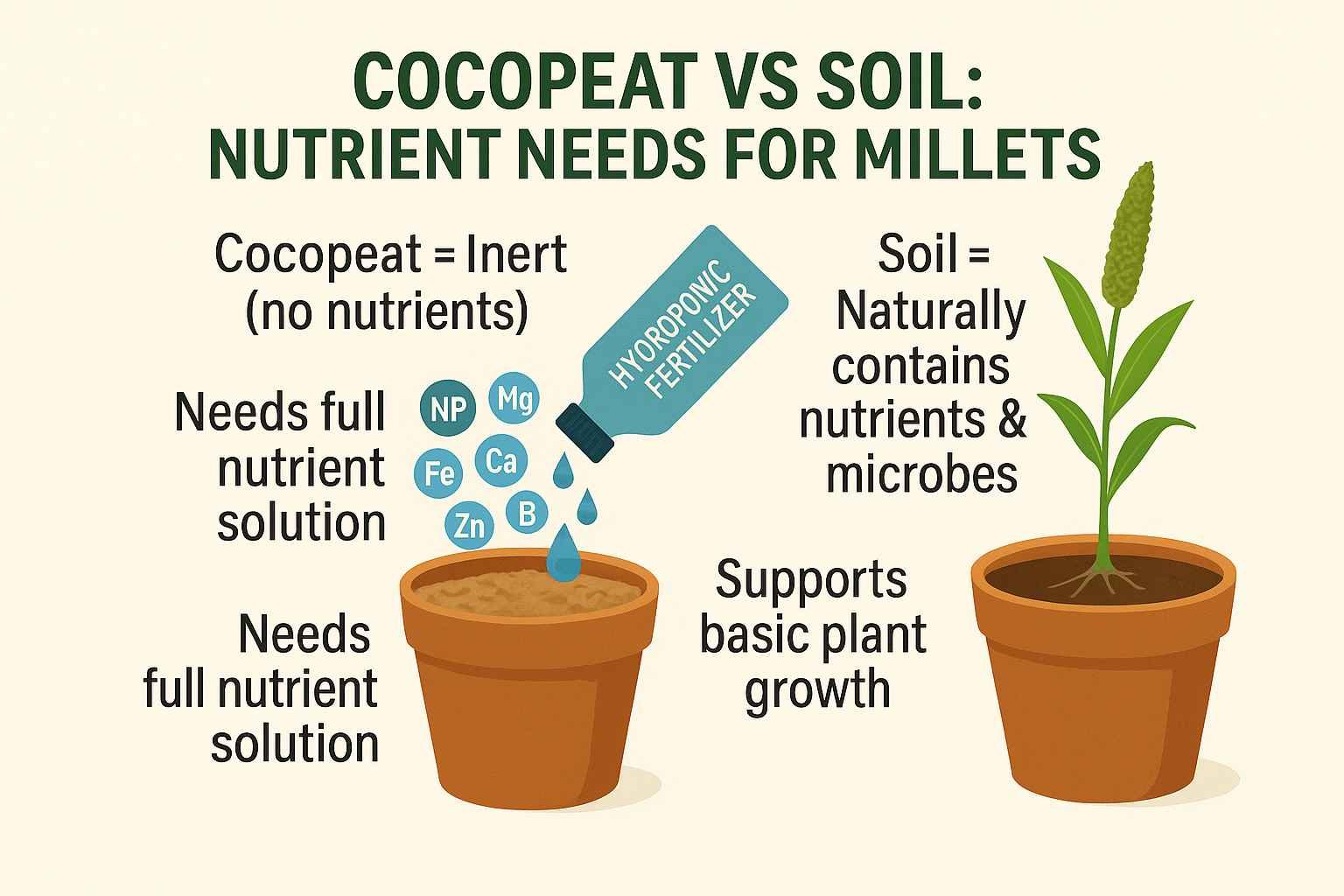 Infographic comparing cocopeat vs soil for millet cultivation: cocopeat is inert and requires added nutrients, while soil contains natural microbes and minerals.
