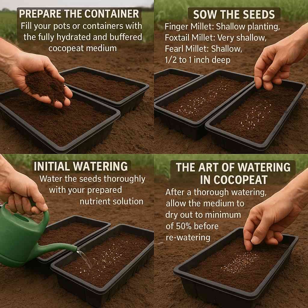 Step-by-step millet sowing in cocopeat: A farmer prepares trays with hydrated cocopeat, sows millet seeds at correct depths, waters with nutrient solution