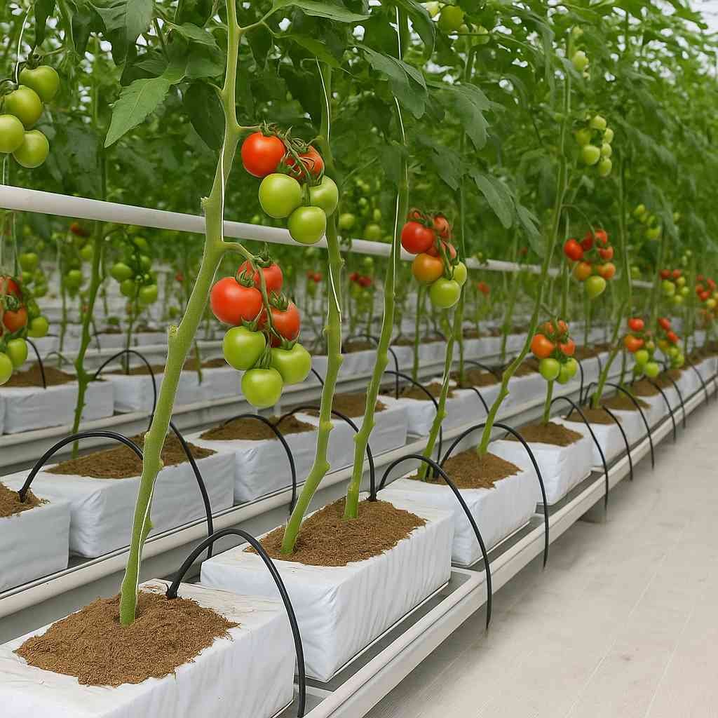 Rows of healthy tomato plants growing in a hydroponic system with nutrient solution, supported in cocopeat grow bags and trellised vertically inside a greenhouse