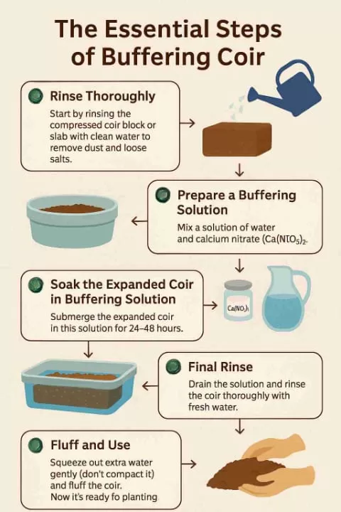 Infographic showing 6 steps of buffering coir grow bags, rinse, hydrate, prepare solution, soak, rinse, fluff for planting