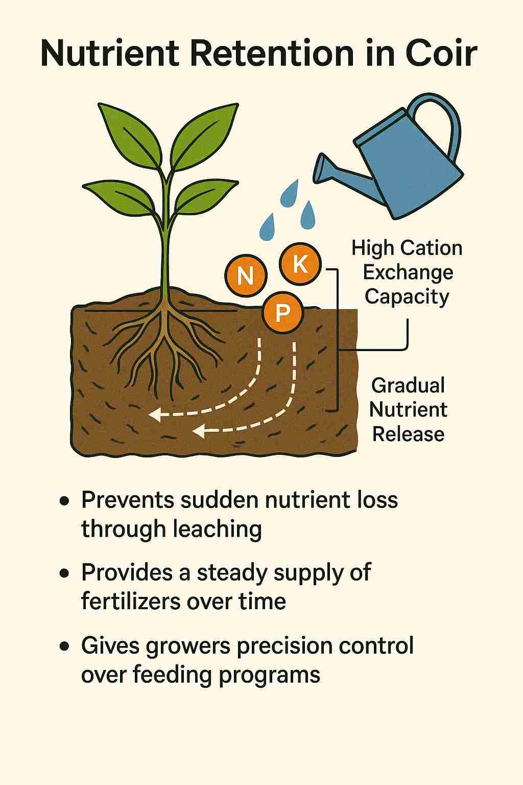 Infographic showing how coir’s cation exchange capacity holds NPK nutrients, prevents leaching, and supplies roots steadily for fertigation.