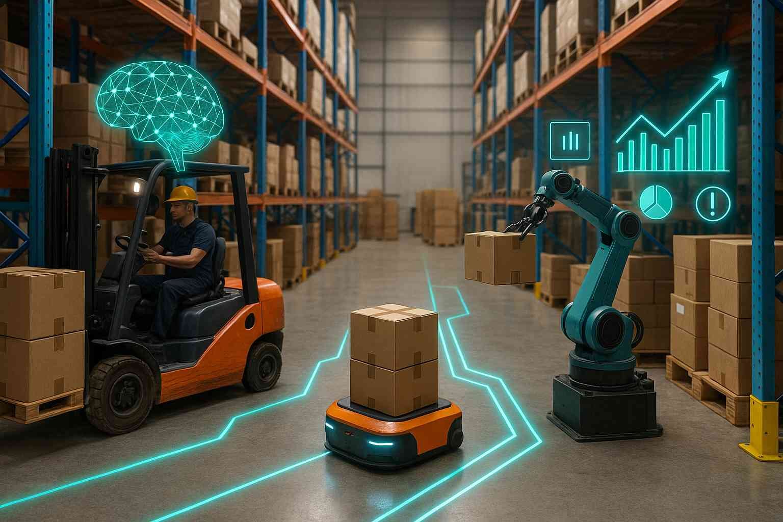 warehouse with workers, forklift, and autonomous robots enhanced by AI holographic overlays, showing smart logistics and seamless human-robot collaboration