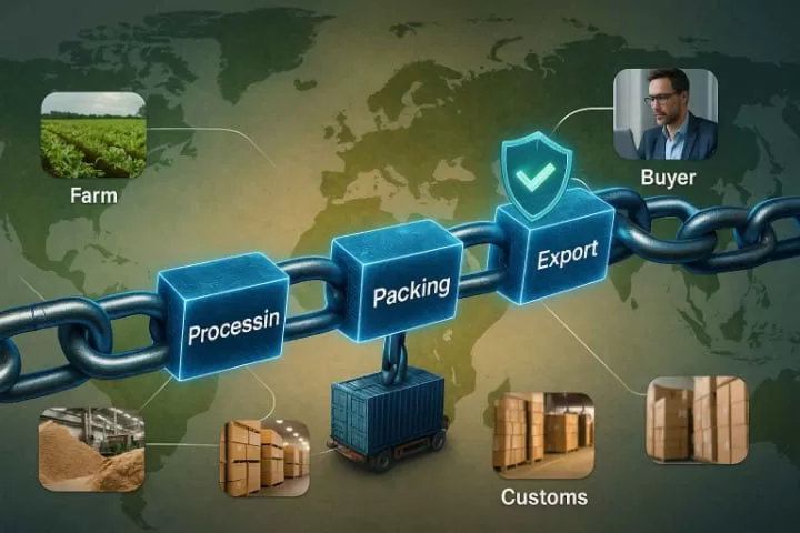 blockchain supply chain showing farm, cocopeat processing, packing, export, customs, and buyer stages connected by secure digital blocks with verification shield