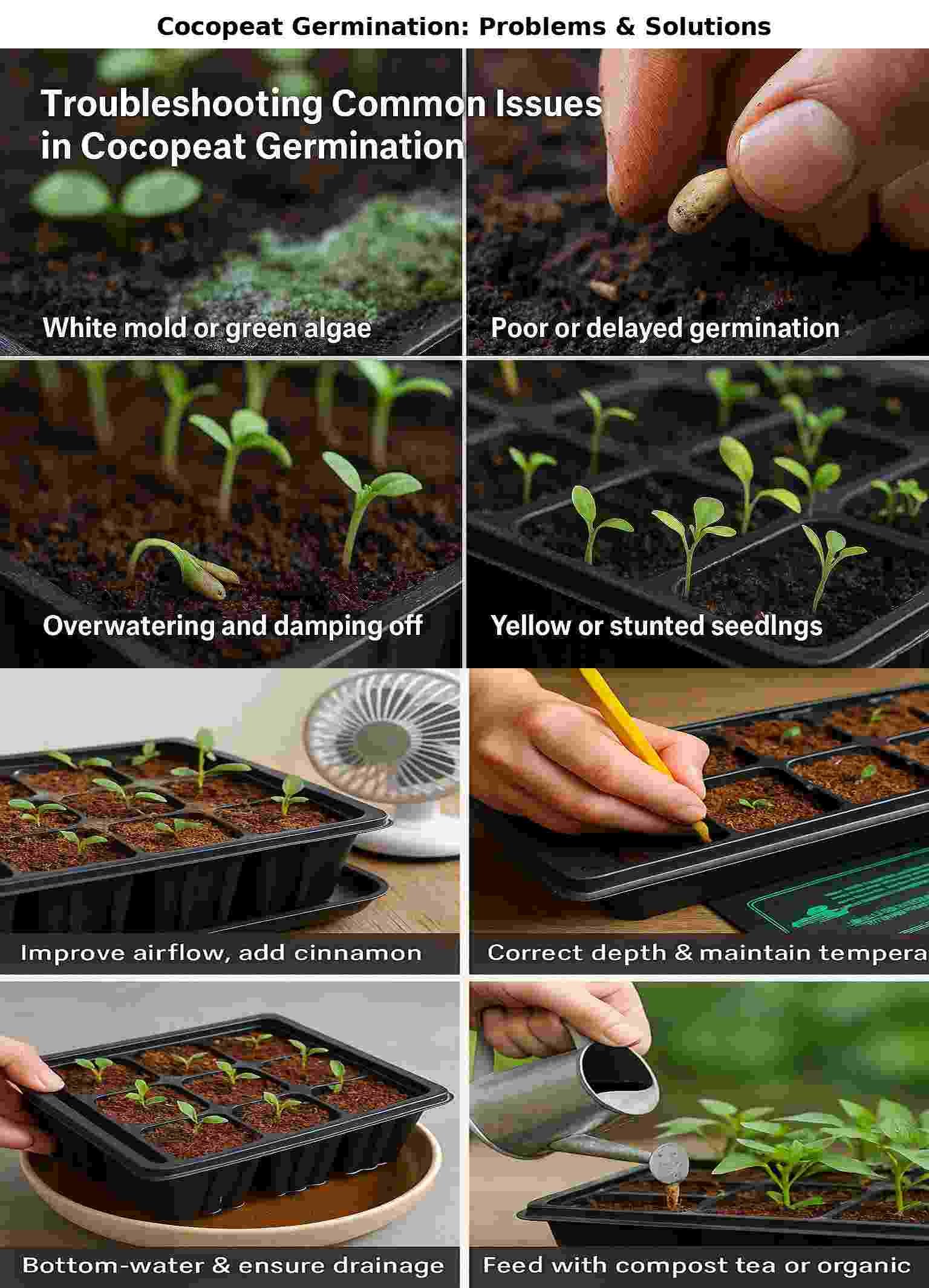 “Vertical collage showing cocopeat germination problems on top (mold, poor sprouting, damping off, yellow seedlings) and their solutions below (airflow, correct depth, bottom watering, organic feeding)