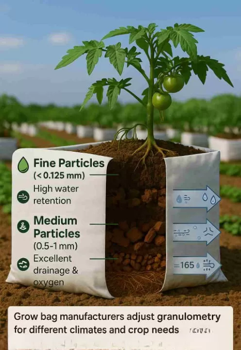 Cross-section of a coir grow bag showing granulometry, fine particles for high water retention, medium particles for balanced aeration, and coarse chunks for drainage and oxygen supply