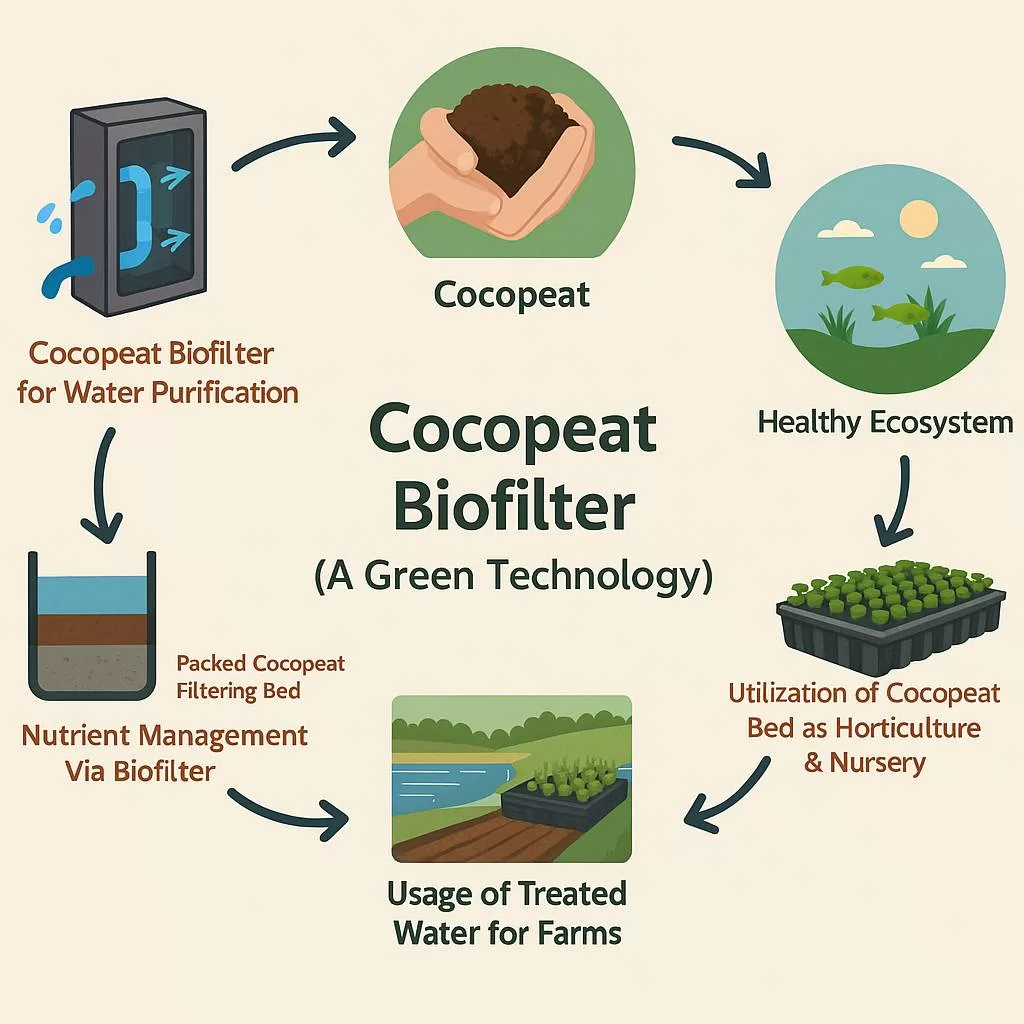 Cocopeat biofilter infographic showing water purification cycle, eco-friendly filtration, healthy ecosystem, farming use, and horticulture applications