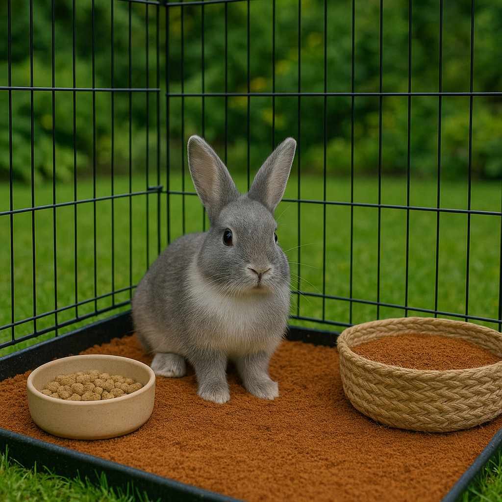 Rabbit resting on cocopeat bedding inside a large outdoor pet cage in a garden, eco-friendly alternative to synthetic bedding