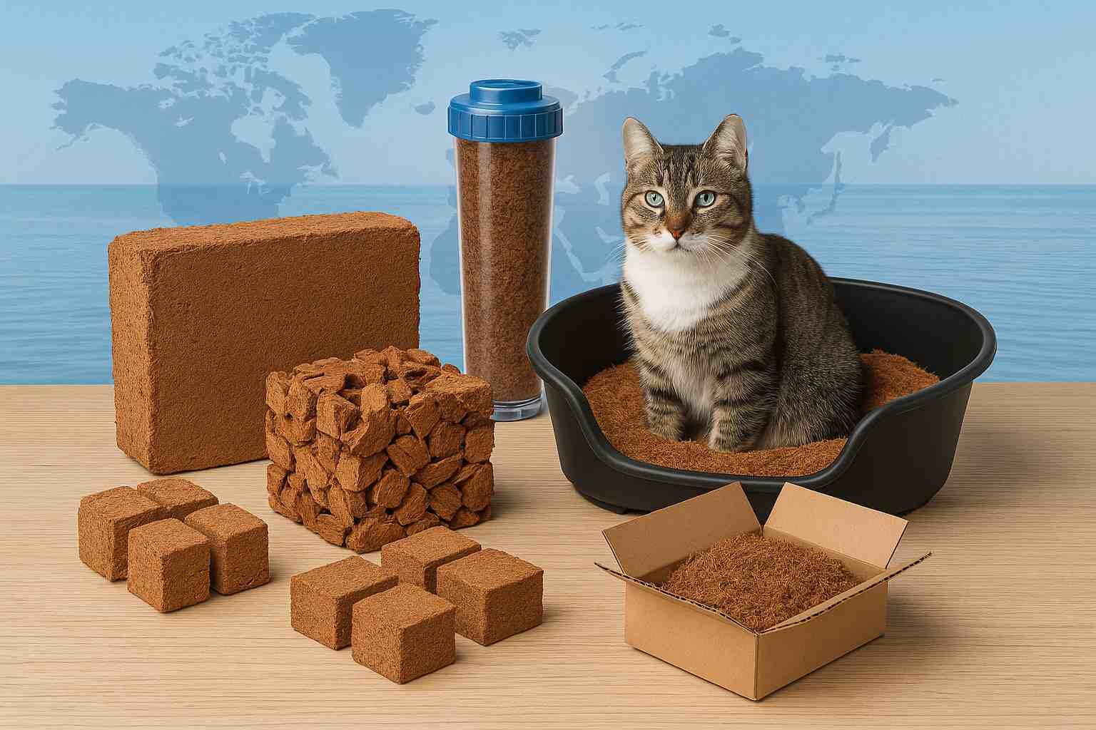 displays eco-friendly packaging with cocopeat, a cat using cocopeat pet bedding, and a filtration cartridge, with a world map background symbolizing global cocopeat suppliers and exporters