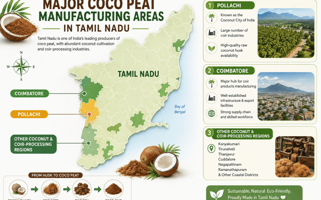 Coco peat manufacturing areas in Tamil Nadu, including Pollachi and Coimbatore