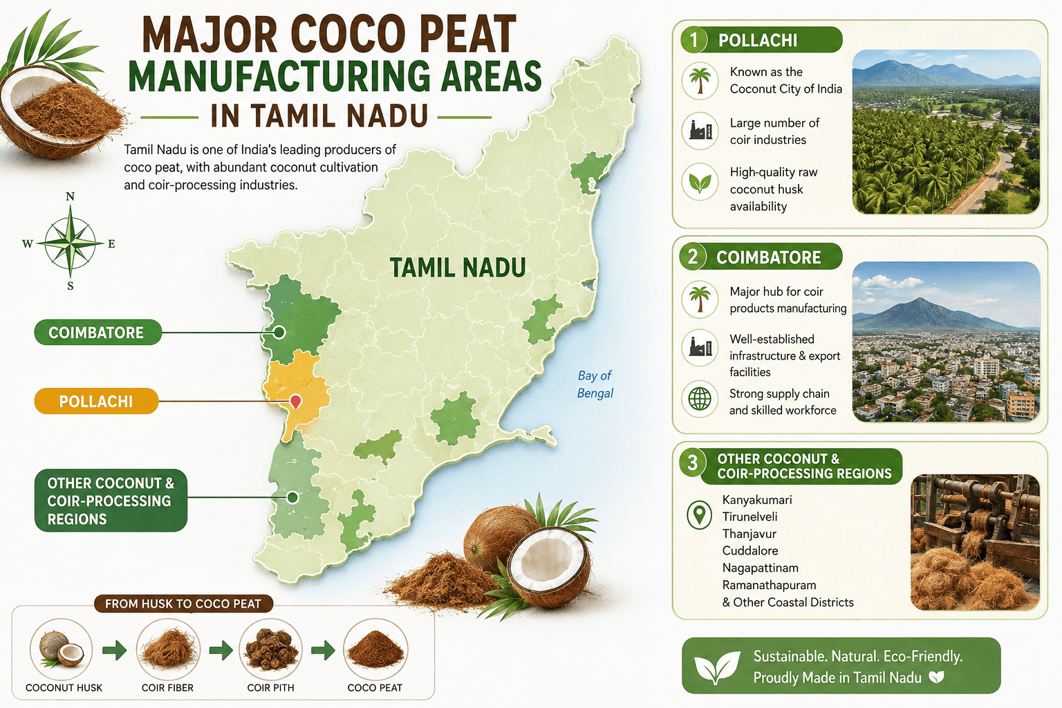 Coco peat manufacturing areas in Tamil Nadu, including Pollachi and Coimbatore