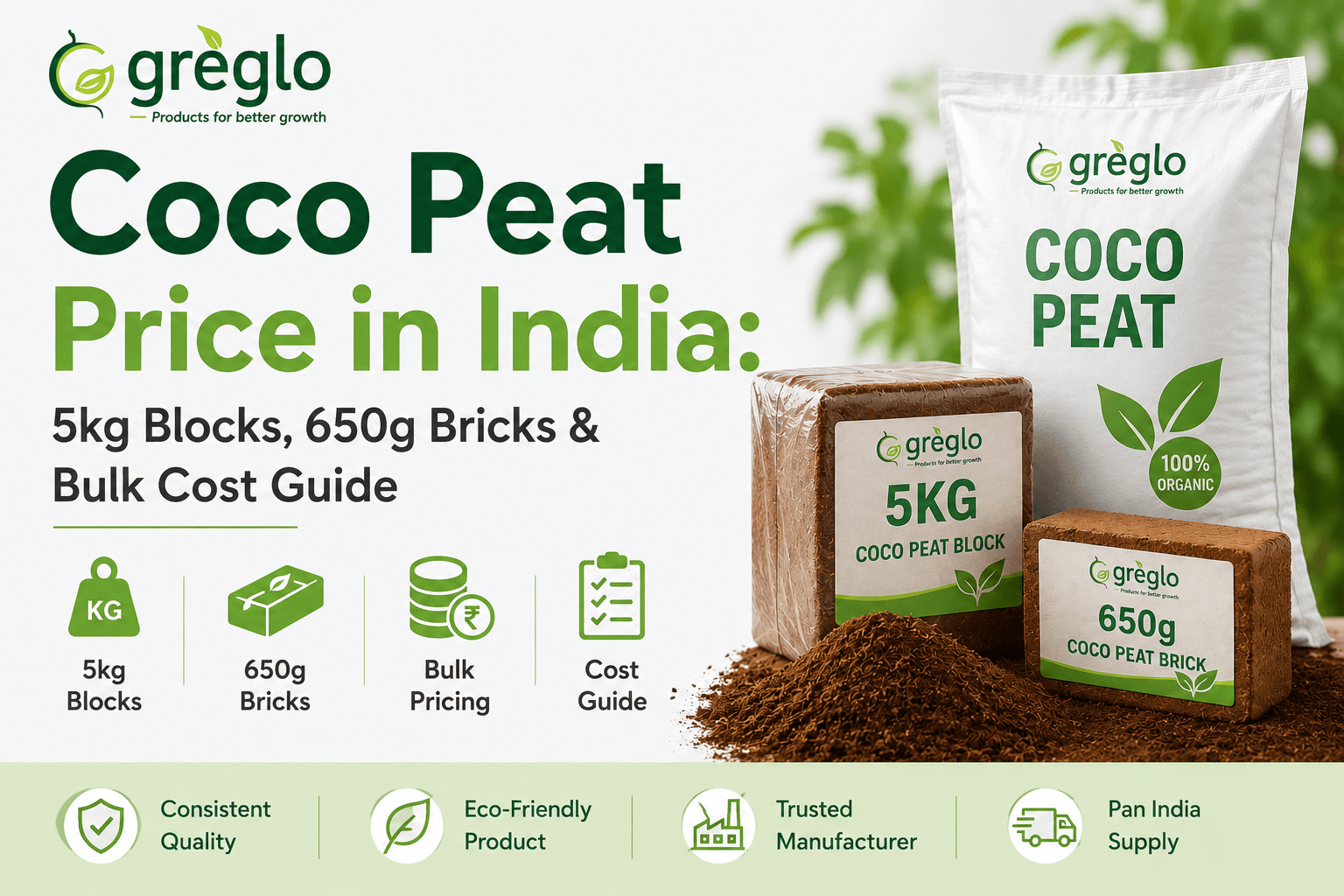 Coco peat price in India for 5kg blocks and 650g bricks