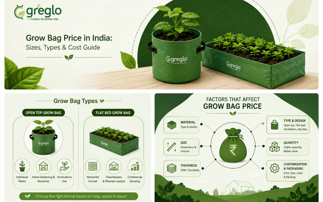 Greglo grow bag banner featuring Open Top and Flat Bed Grow Bags.