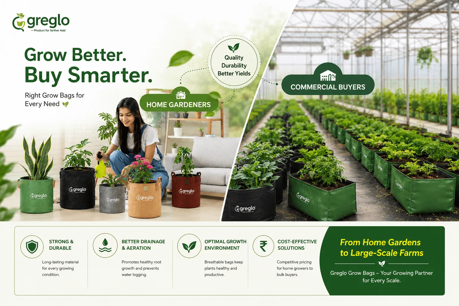 Greglo grow bags shown in home gardening and commercial greenhouse settings.