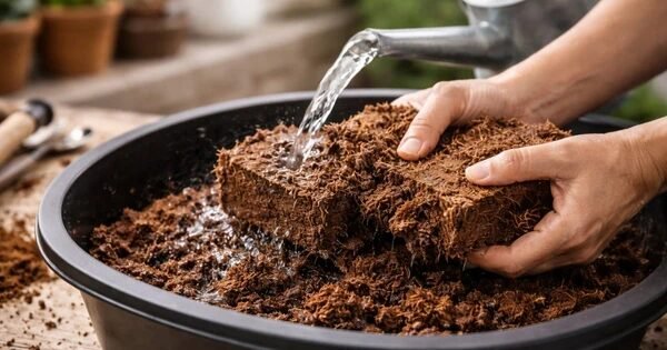 Compressed coir pith block expanding in water.