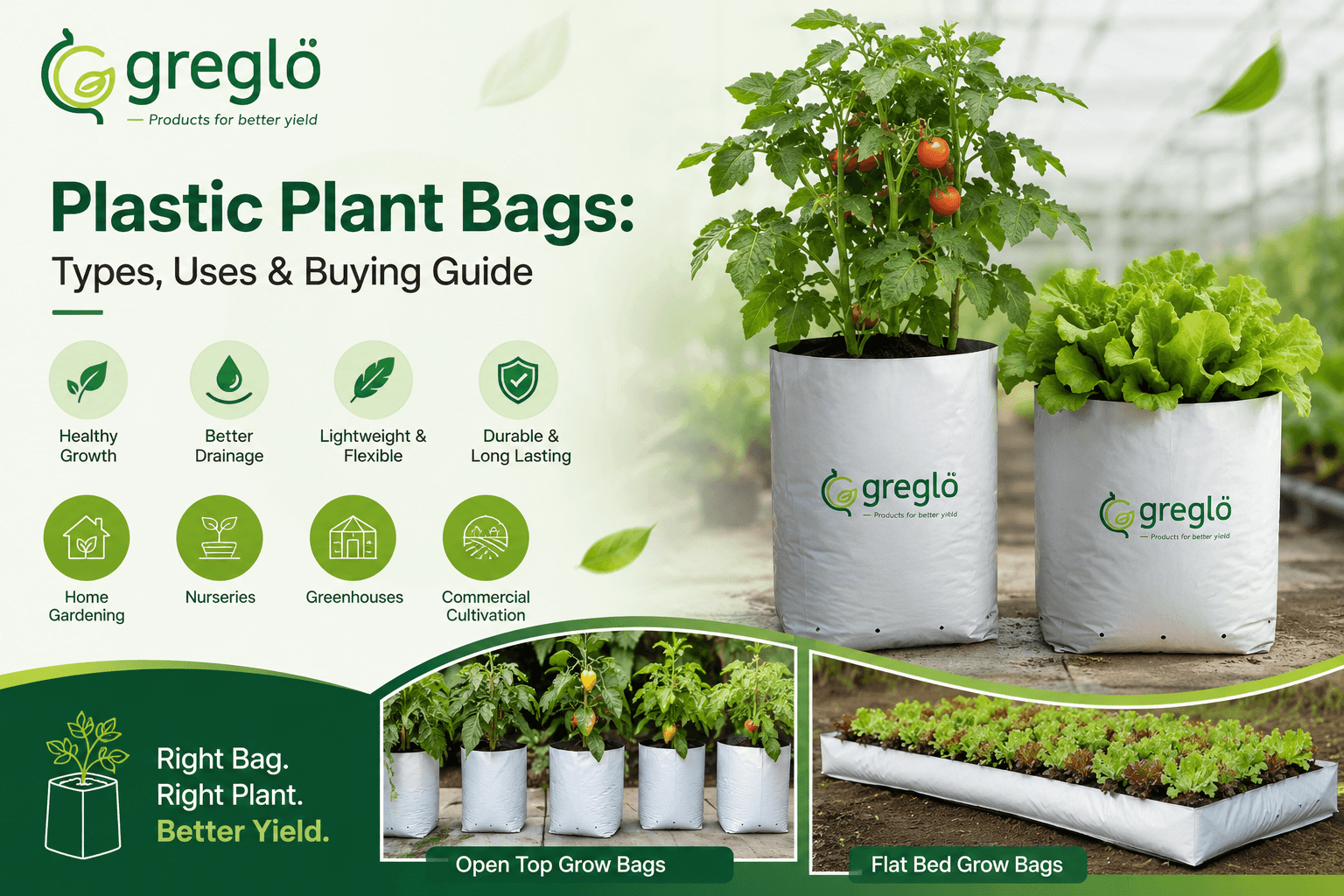 Plastic plant bags for home gardening, nurseries, greenhouses and commercial cultivation