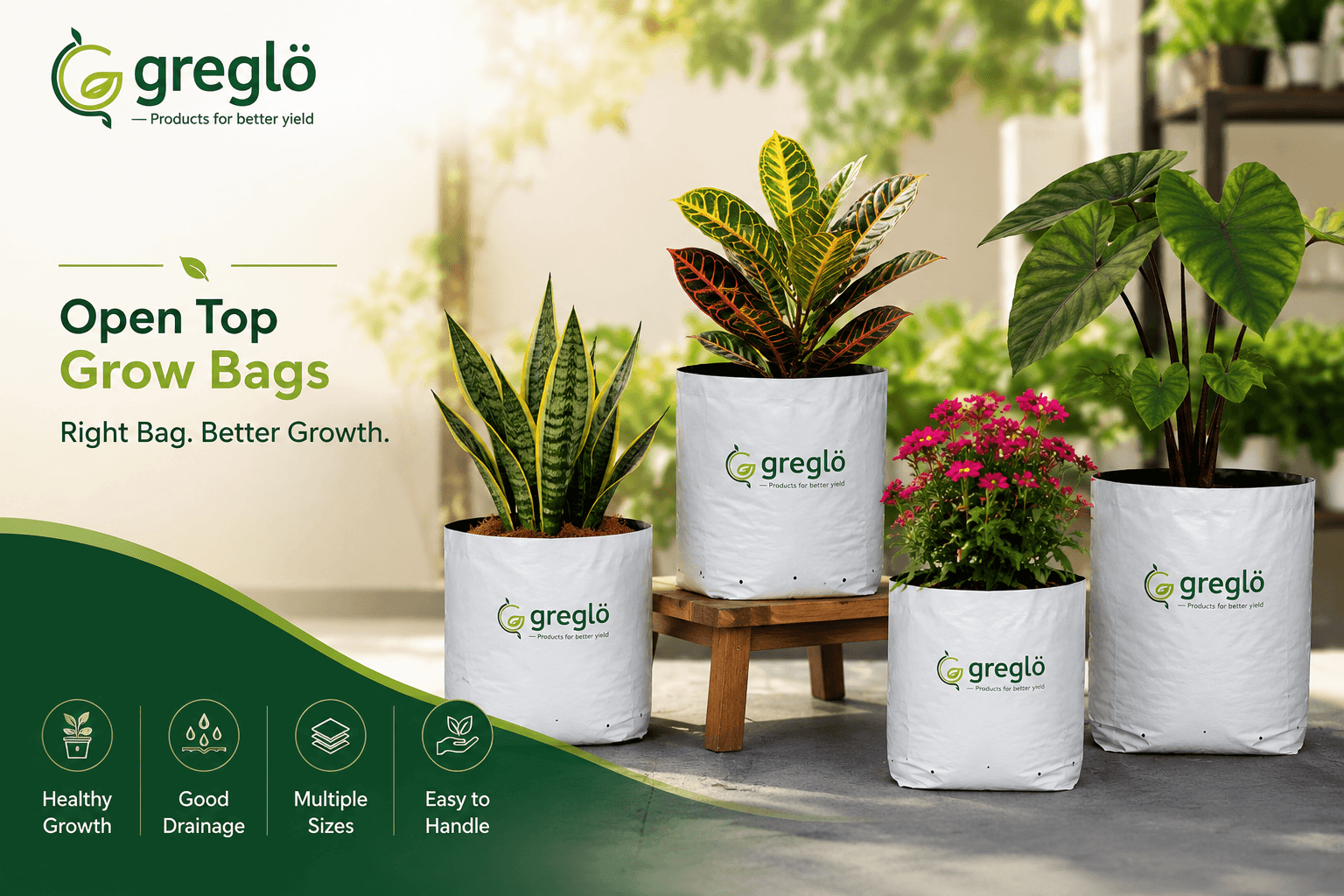 Greglo open top grow bags for ornamental plants and home gardening
