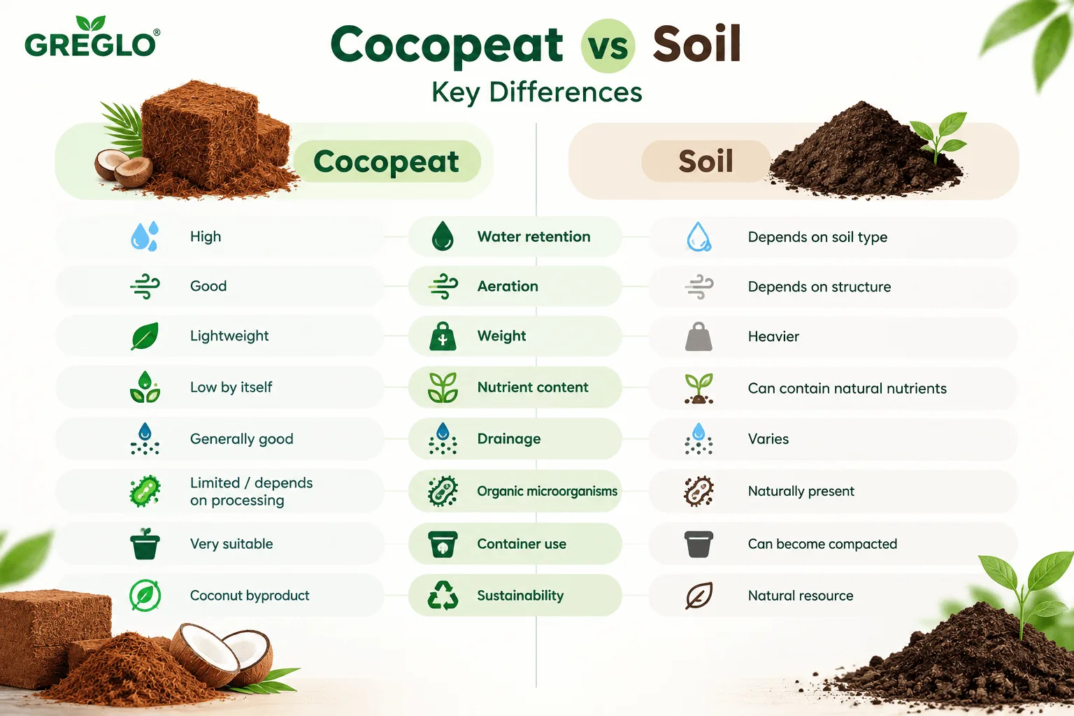 Cocopeat vs soil comparison showing water retention, aeration, drainage, nutrients, weight, and sustainability