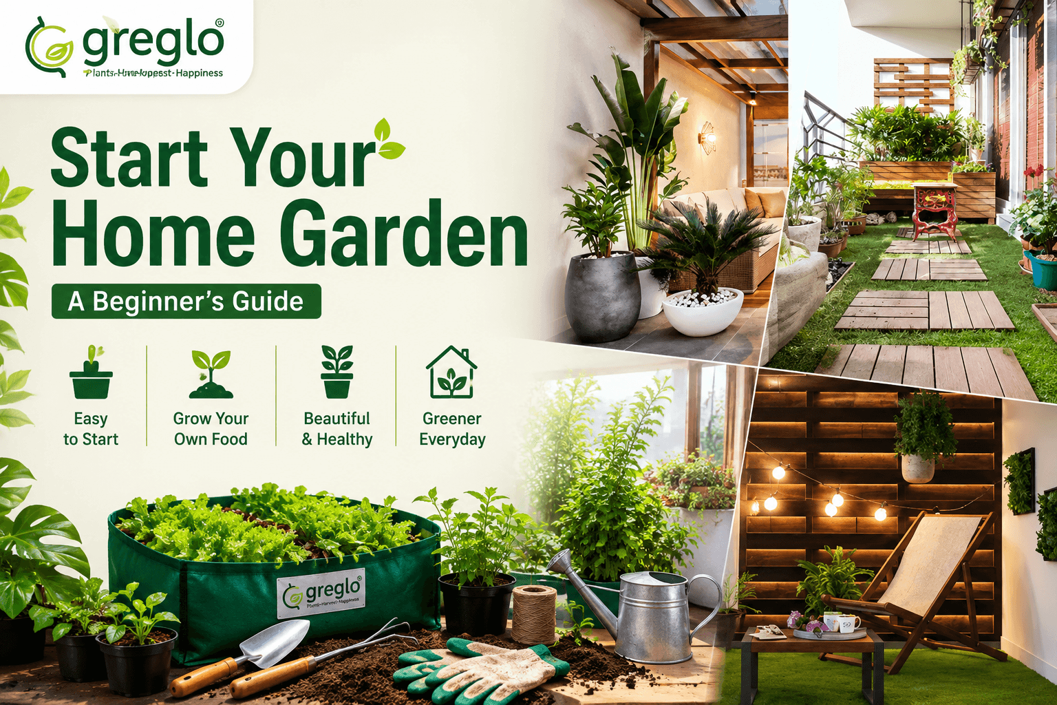 Home gardening for beginners with plants and grow bags