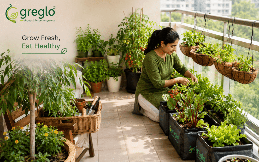 Woman tending a balcony kitchen garden