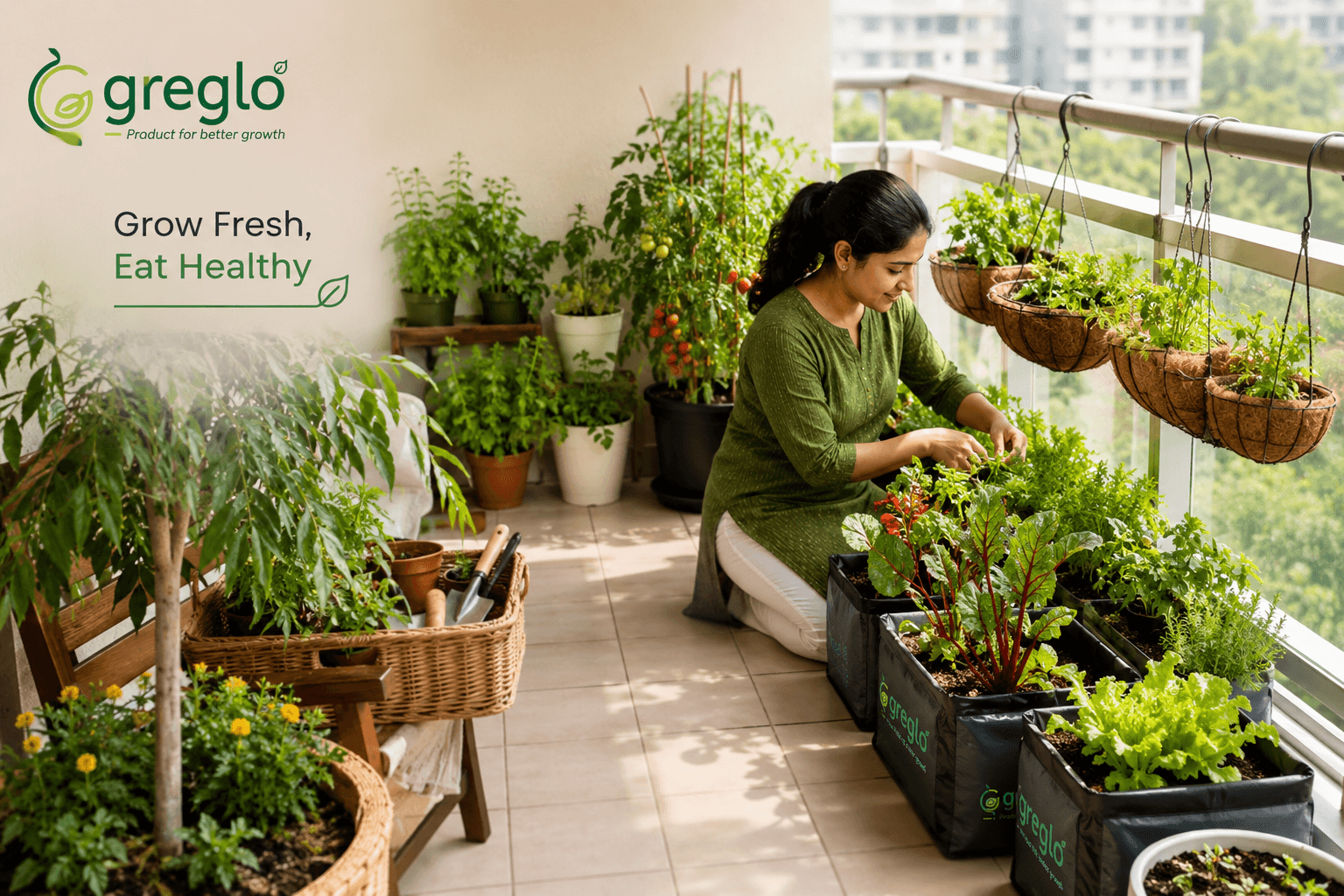 Woman tending a balcony kitchen garden