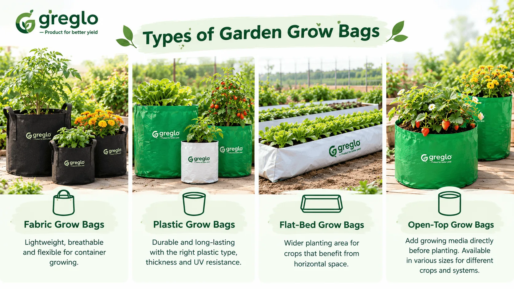 Types of garden grow bags including fabric, plastic, flat-bed and open-top bags
