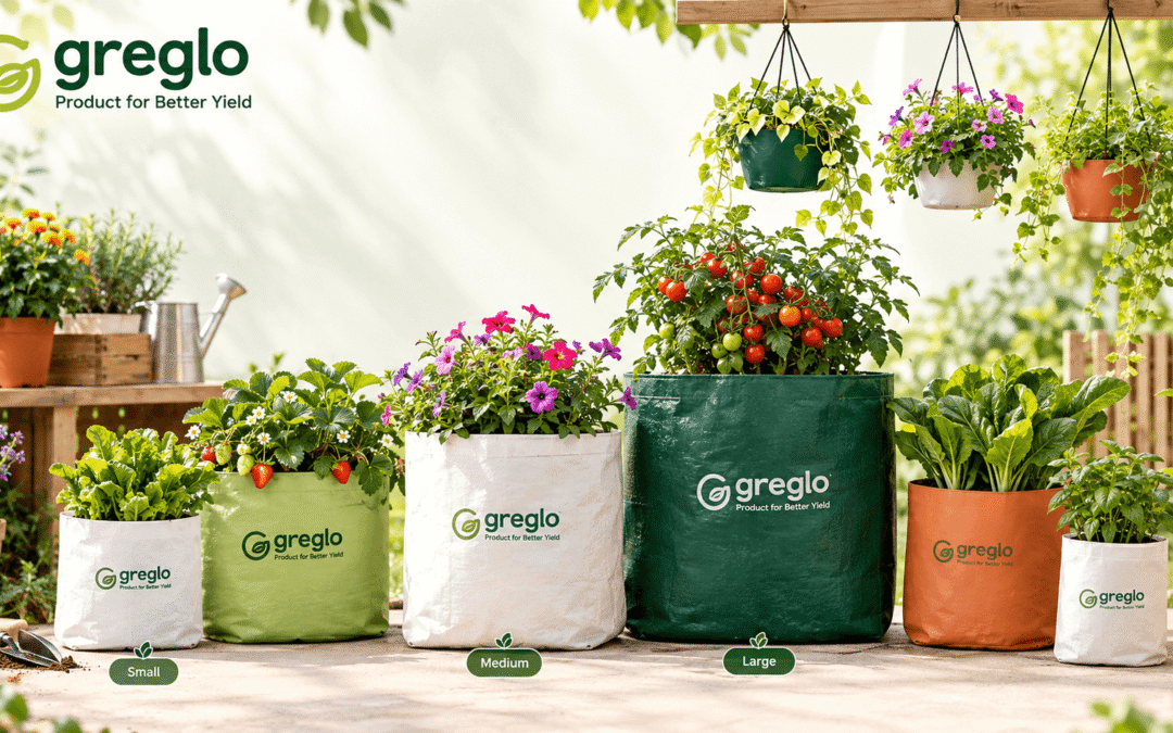 Different sizes of GREGLO potting bags with flowers, vegetables and hanging pots
