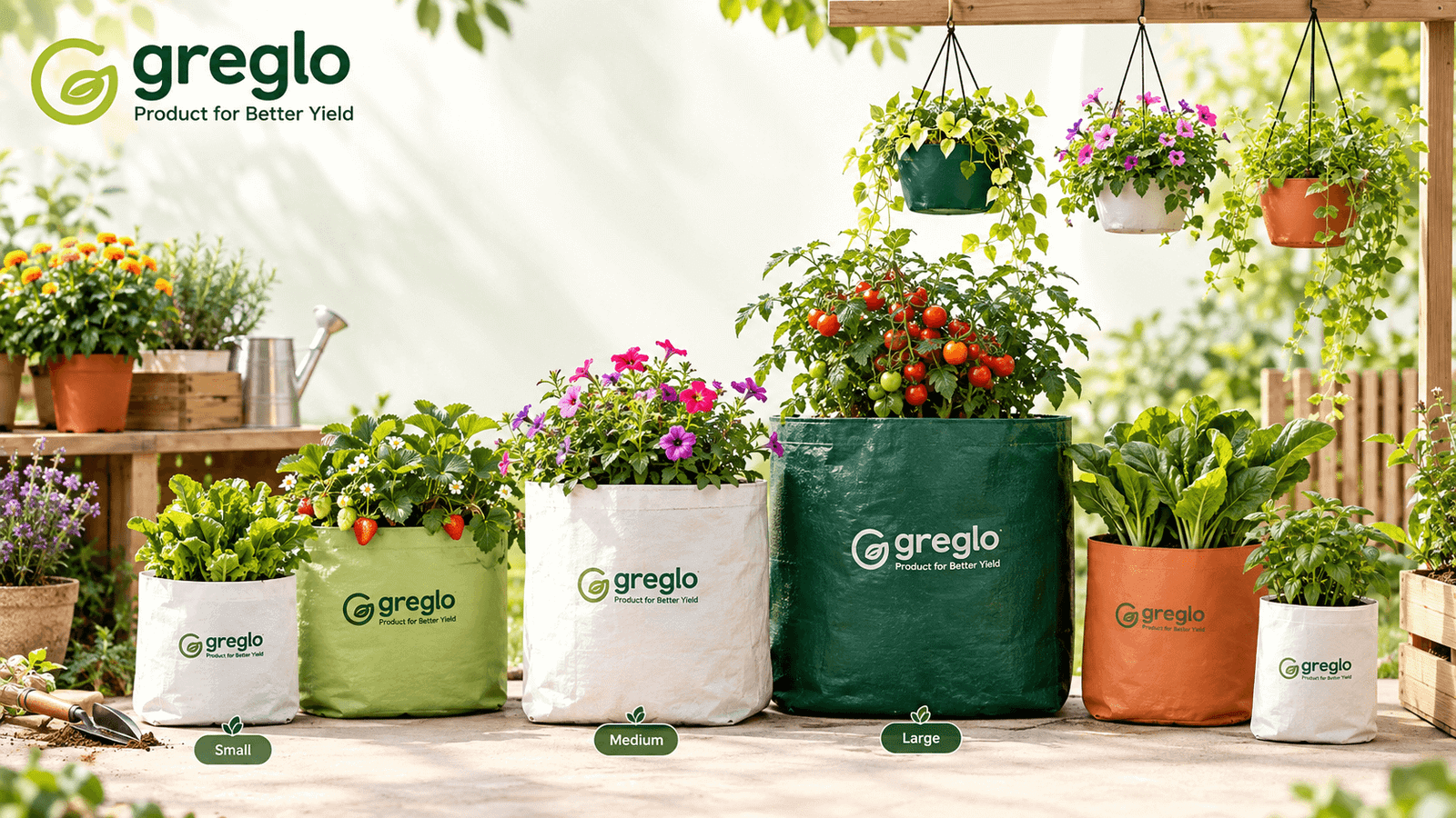 Different sizes of GREGLO potting bags with flowers, vegetables and hanging pots