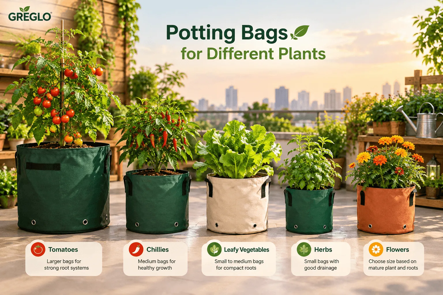Different sizes of GREGLO potting bags with flowers, vegetables and hanging pots