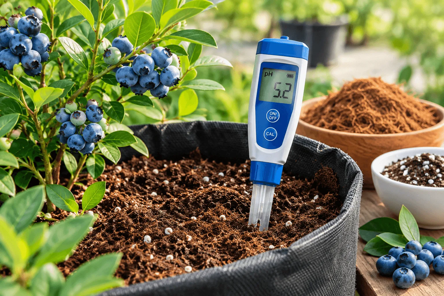 Testing blueberry growing medium with a digital pH meter
