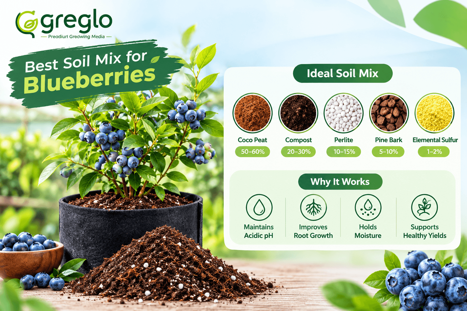 Best soil mix for blueberries with coco peat, compost, perlite, pine bark and sulfur